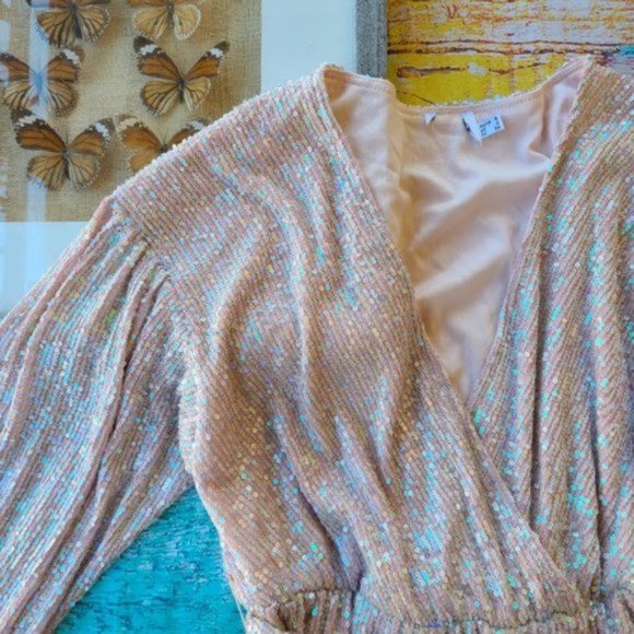 Princess Polly Pink Iridescent Dancing Queen Sequin Surplice Mini Dress 8US - Picture 10 of 14